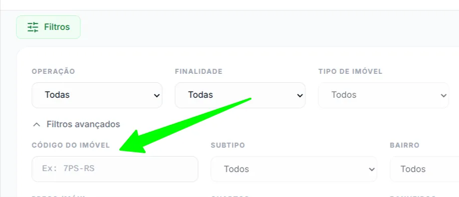 Campo de busca por código nos filtros