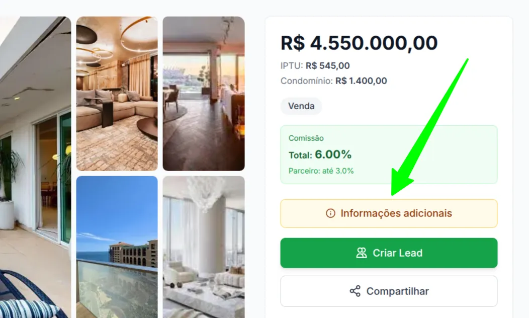 Página do anúncio com botão de informações adcionais